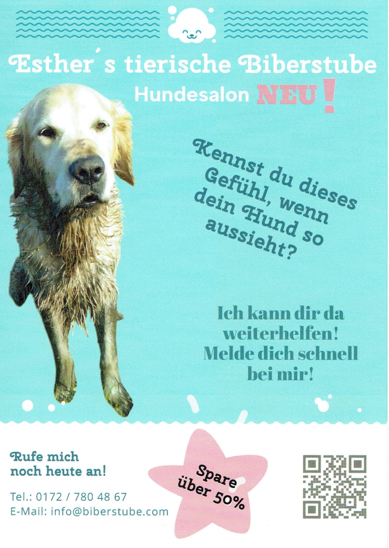 Hunde-Werbung für Esther's tierische Biberstube mit goldenem Retriever und Rabattangebot.