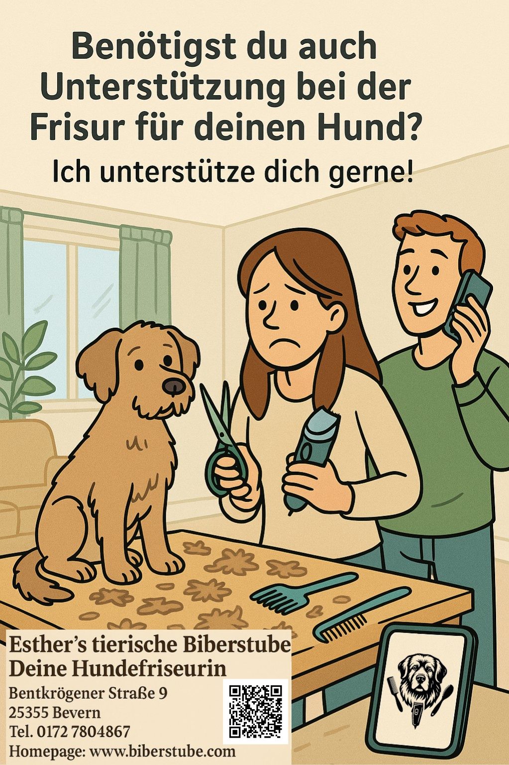 Frau umarmt großen Hund in einer grünen, blühenden Umgebung.